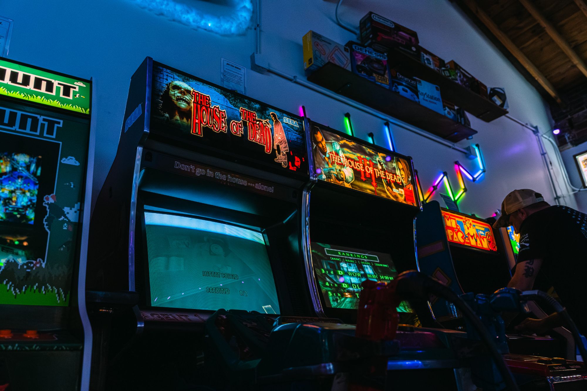 Rows of arcade and pinball machines at Super Rad Retro Lounge in Raleigh NC
