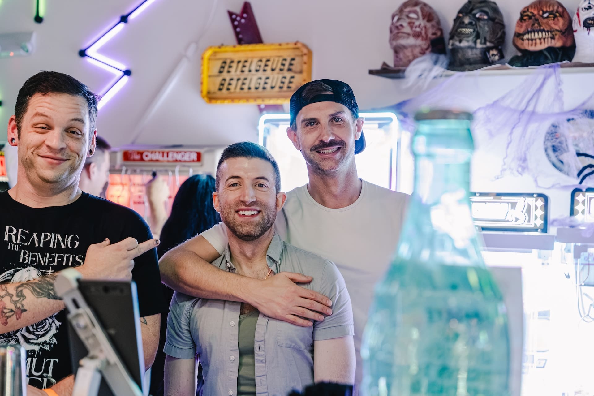 Group of friends posing together at Super Rad Retro Lounge