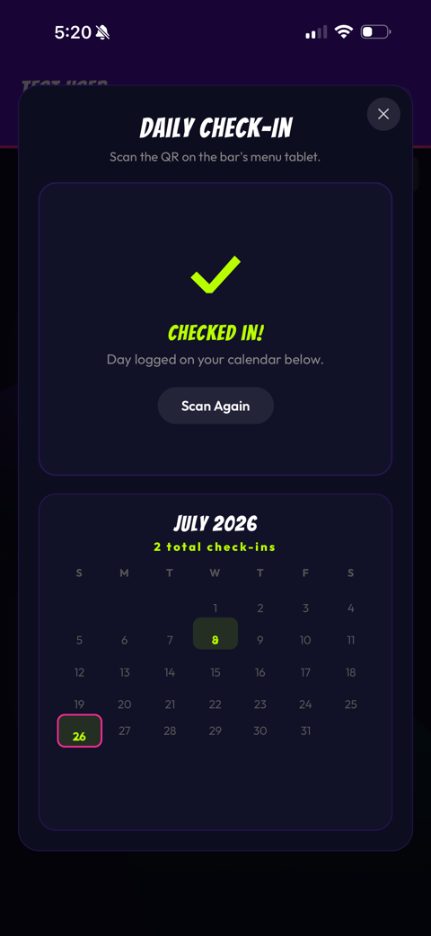Daily check-in calendar in the Super Rad Rewards app