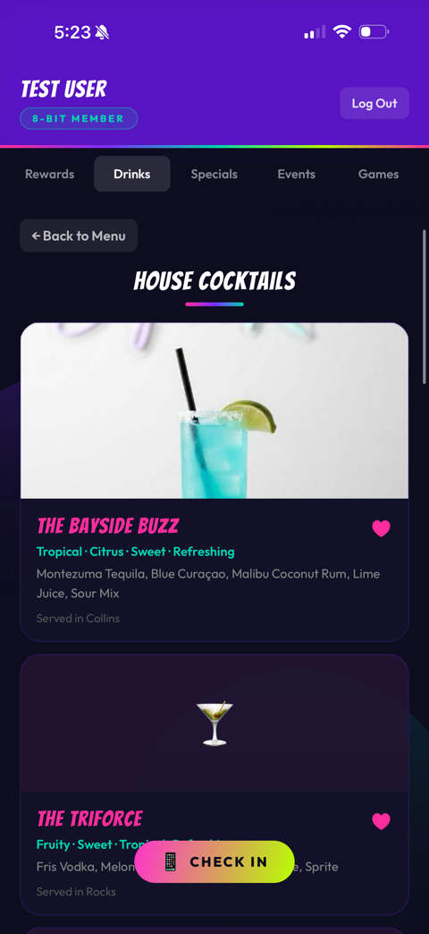 House cocktail menu in the Super Rad Rewards app