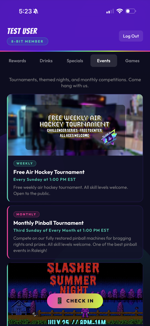 Events list in the Super Rad Rewards app