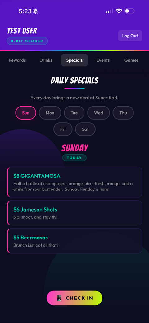 Daily drink specials in the Super Rad Rewards app